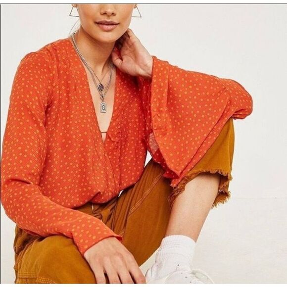 Free People Intimately Blousy Bodysuit Surplice Front Flouncy L/S Lace Trim - Picture 2 of 12